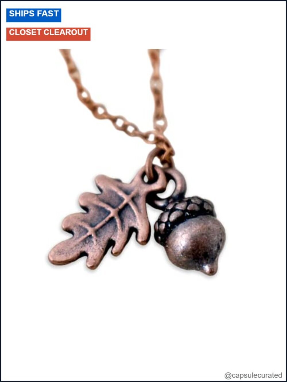 Tiny Copper Acorn Pendant Necklace with Oak Leaf Charm 18in Chain